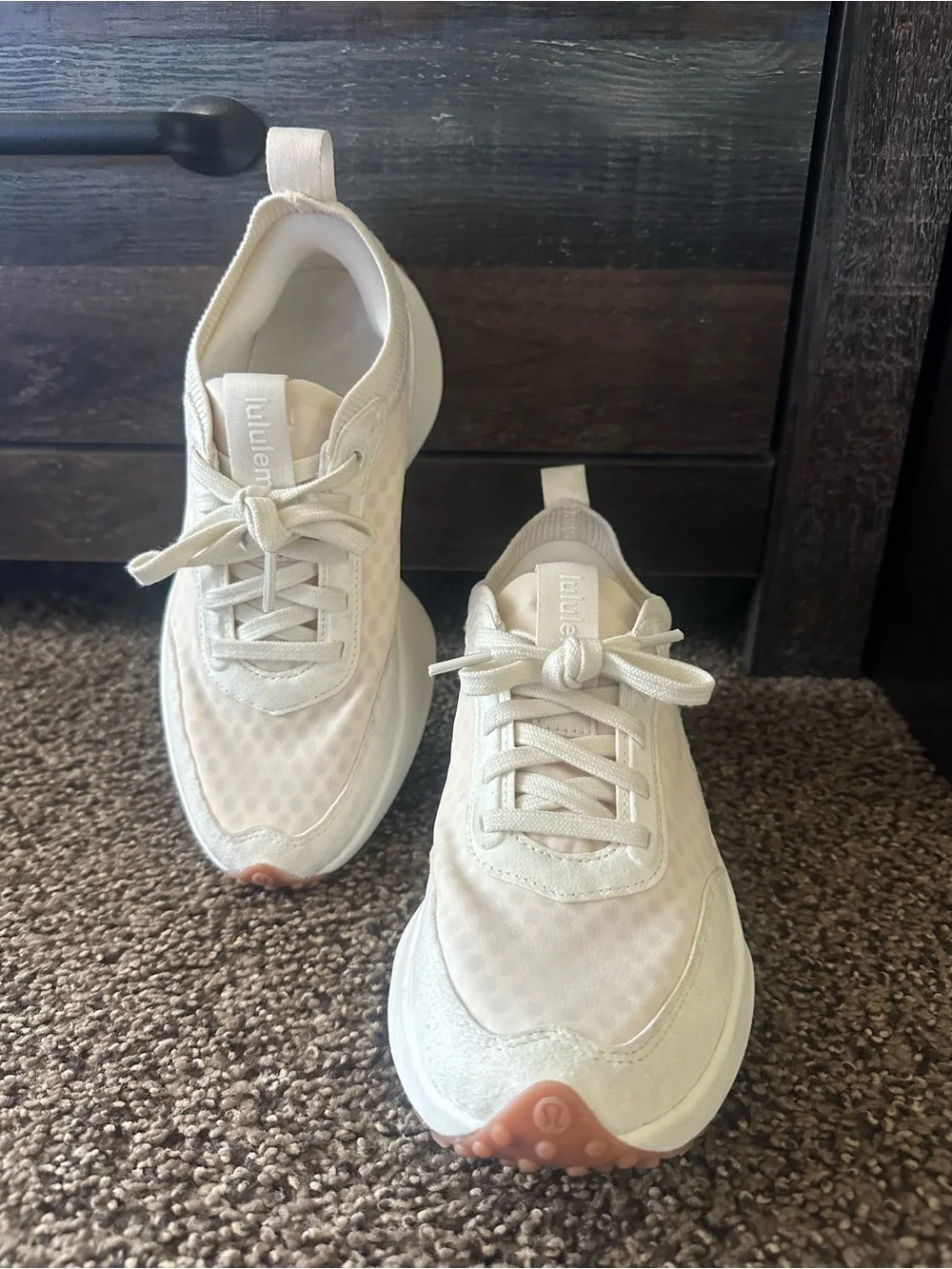 lululemon athletica Women’s Cream Lace-Up Sneakers with Coral Accents